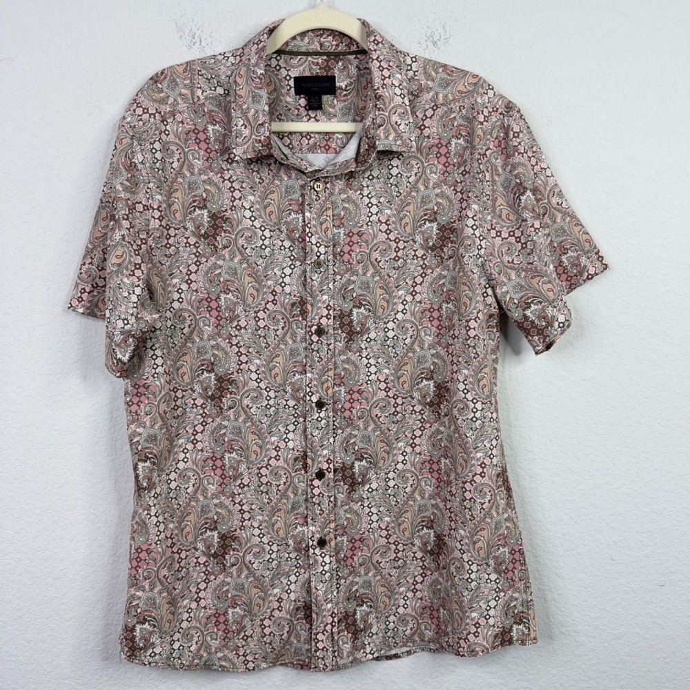 Magaschoni Man Shirt Mens L  Pink Brown Paisley Button‎ Retro Y2K Boho Coastal